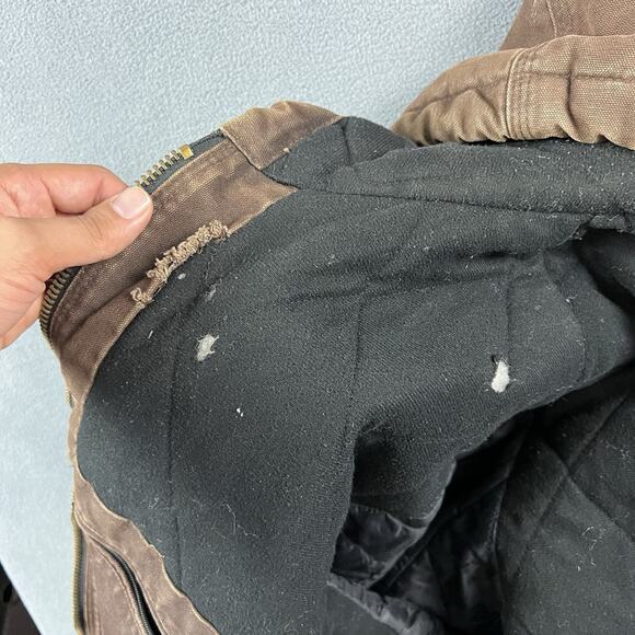 Carhartt Jacket Mens 2XL Brown Hooded Full Zip Up Canvas Quilt Lined Workwear - Picture 9 of 12